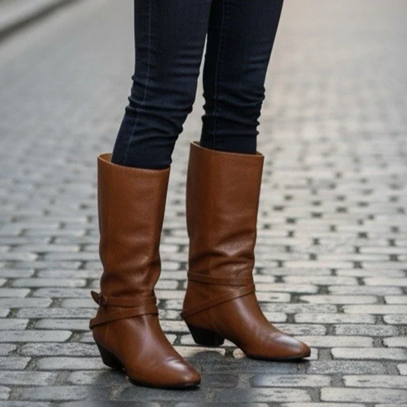 Frye Mid Calf Leather Boots Pull On Harness Strappy Brown Women's 8.5 M 37444 - Picture 1 of 16